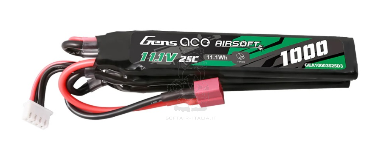 Gens Ace Li-Po Battery Batteria 11.1v 1000mAh 25c Nunchuck Three Elemnts 108 x 19 x 5mm. per Elemento T-Deans Connector by Gens Ace