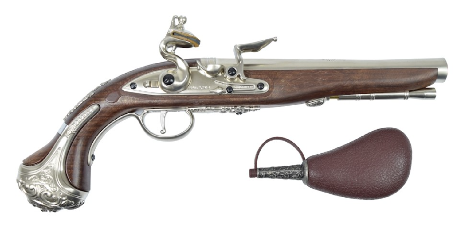 George Washington Flintock Gas Reenacting - Collectors Pistol Smooth Outer Barrel Chrome - Silver Version by HFC