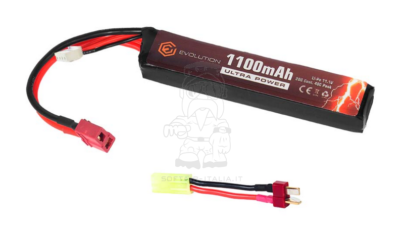 Li-Po Battery Batteria 11.1v 1100mAh 20C - 40c 16.3 x 20 x 103mm. T- Plug + Tamiya Adapter by Evolution Airsoft
