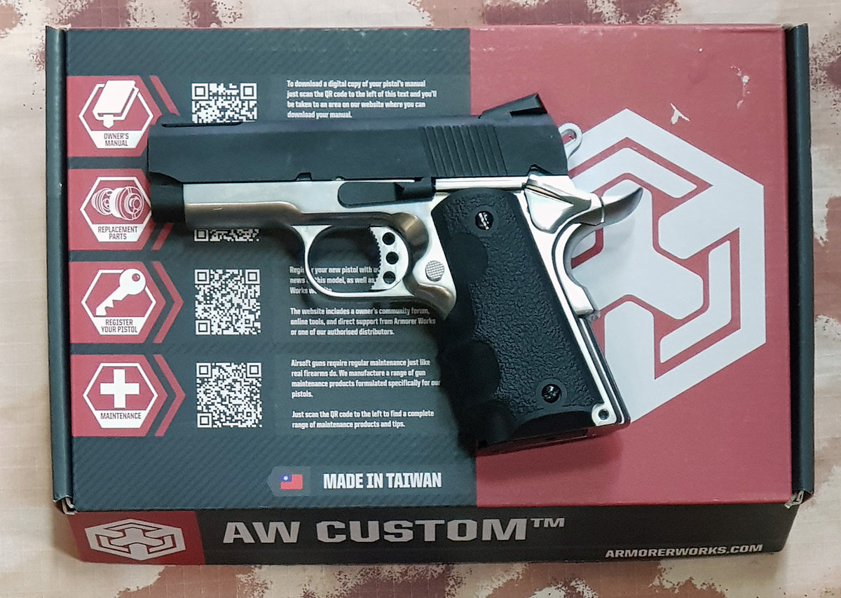 1911 .45 ACP Officer Size NE10 Series Aluminum Slide GBB Silver Frame & Black Slide by Armorer Works Customs