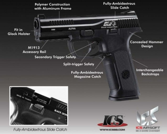 Black Leopard Eye Alpha Metal Slide BLE-001-SB GBB Gas BlowBack Pistol by Ics