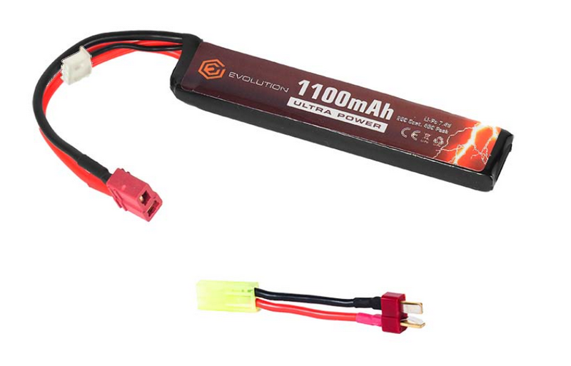 Evolution Li-Po Ultra Power 7,4v 1100mAh 20C - 40c 11.2 x 20 x 103mm. with T-Plug Deans & Tamiya Adapter 11.2X20X103mm. by Evolution Airsoft