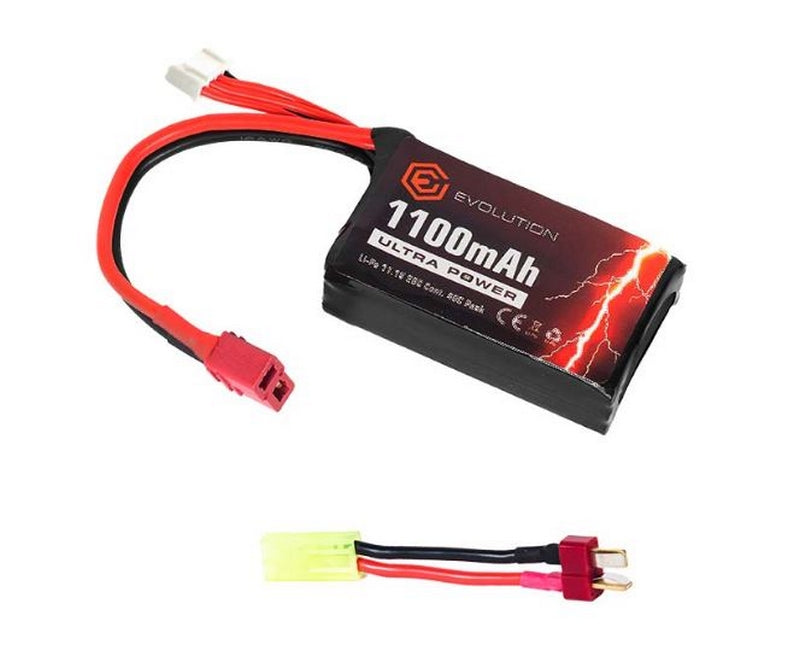 Evolution Li-Po Ultra Power 11,1v 1100mAh 20C - 40C Peak with T-Plug Deans & Tamiya Adapter 18x35x61mm. by Evolution Airsoft