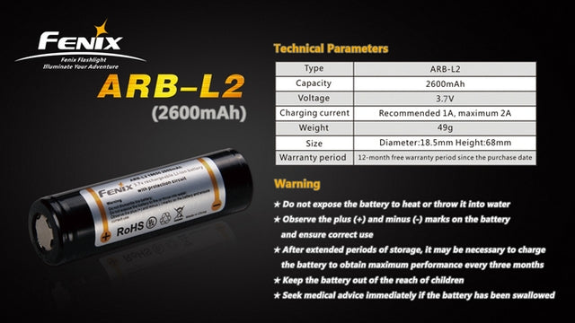 2xCR123 = 1 x ARBL2 Rechargeable 18650 Li-Ion Battery by Fenix