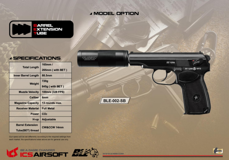 ICS Makarov BLE-PM2 Silencer Metal Slide Co2 NBB by ICS