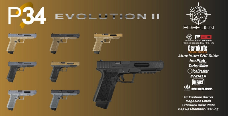 Poseidon P80 Inc Licensed Cerakote PPW-P34 EVO 2 GBB Gas Blow Back Pistol by Poseidon