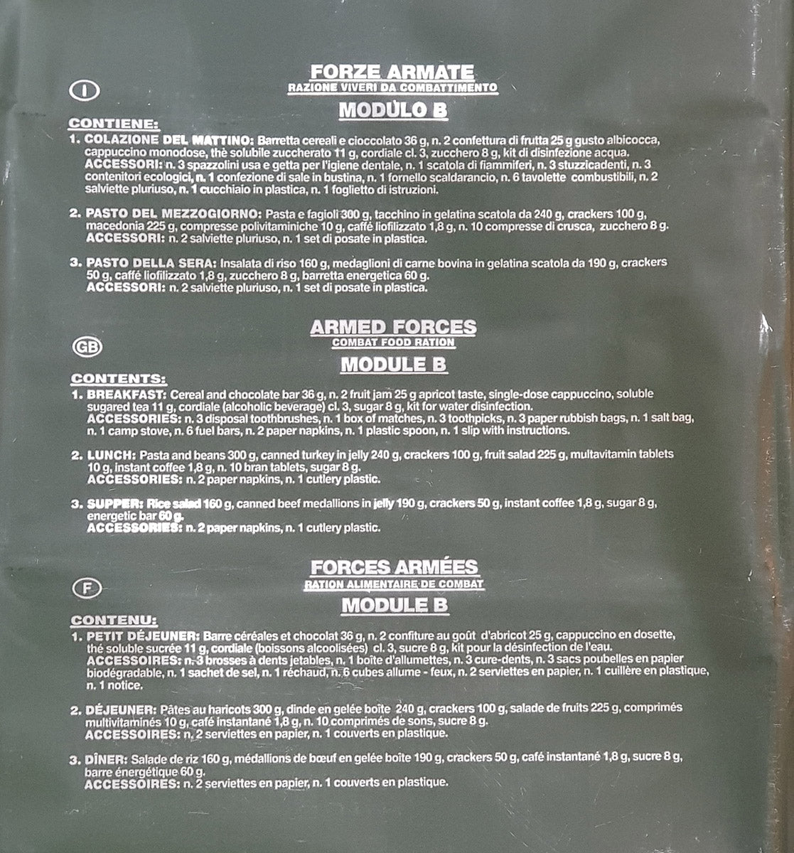 Razione Giornaliera Italiana Viveri Da Combattimento EI Modulo B Scadenza: 07-08-2019