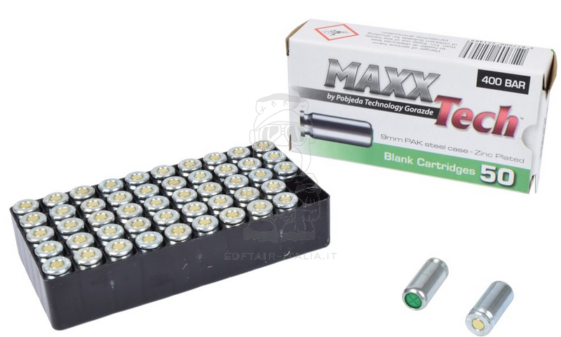 9mm. Blank Fire Zinc Plated 400 BAR Cartucce a Salve da 9mm. Placcate Zinco by MAXXTech