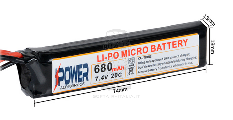 AEP Air Electric Pistol T-Deans Micro 680mAh 7,4V 20C Li-Po Battery by iPower