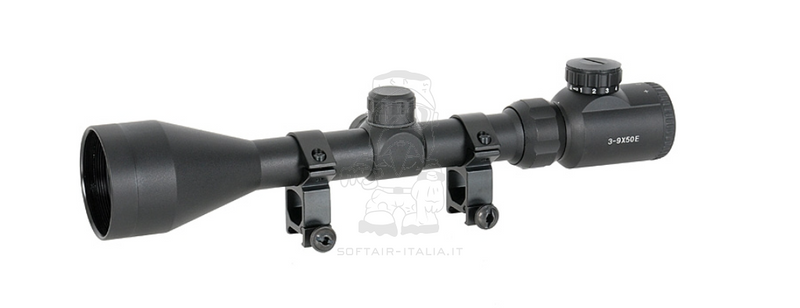 Ottica Rifle Scope 3-9x50E con Anelli Alti w. High Mounting Rings