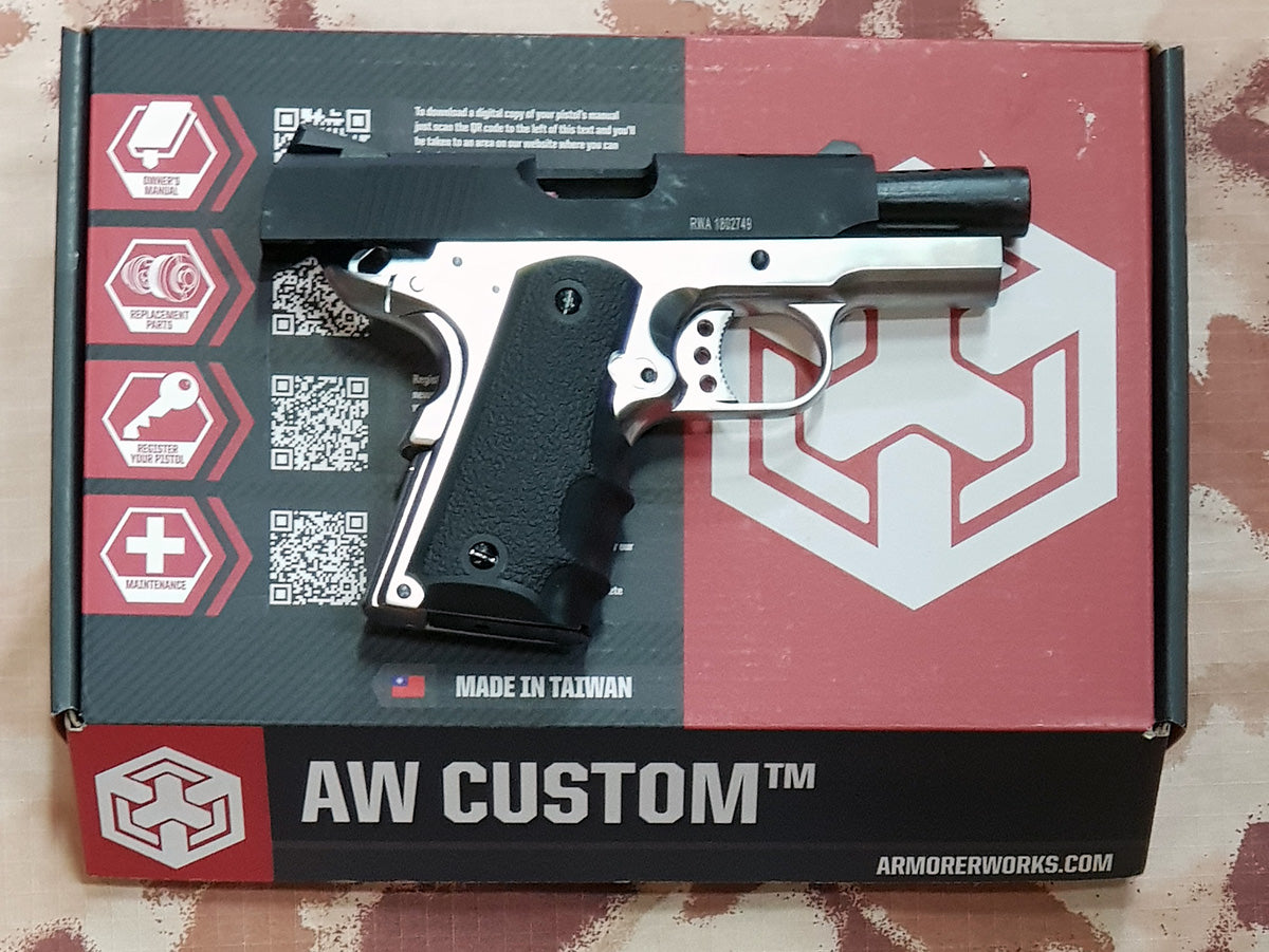 1911 .45 ACP Officer Size NE10 Series Aluminum Slide GBB Silver Frame & Black Slide by Armorer Works Customs